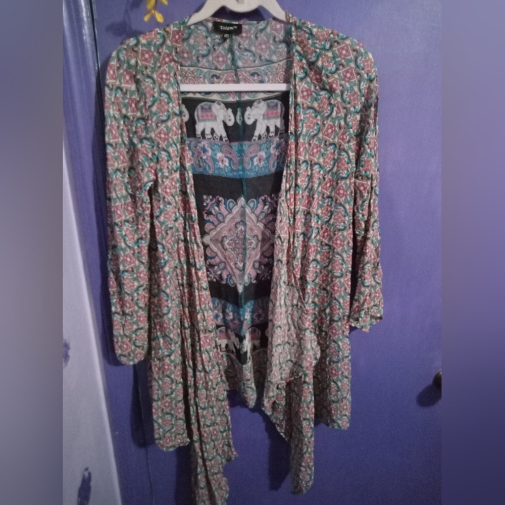Tolani Teal Pink Patterned Kimono with Elephant Motif - Picture 3 of 7